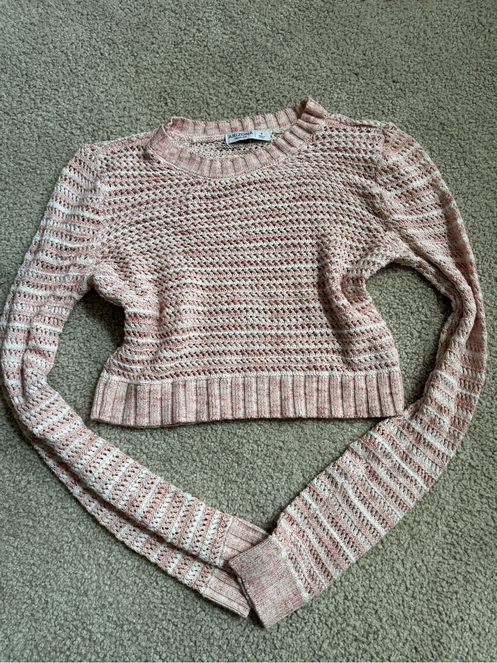 Arizona Jean Company Blush Pink Open-Knit Cropped Crewneck Sweater